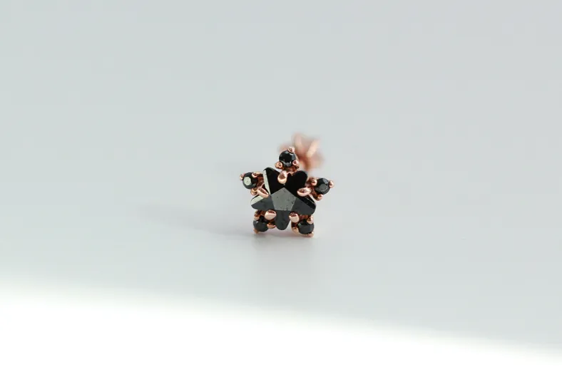 14K 18K Solid Gold Black Cz Star Cartilage Helix Inner Conch  Barbell Piercing Earring Stud