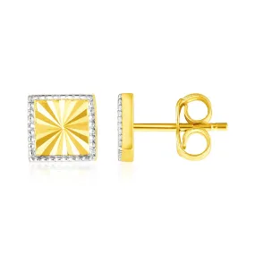 14k Two Tone Gold Textured Square Post Earrings-rx35374
