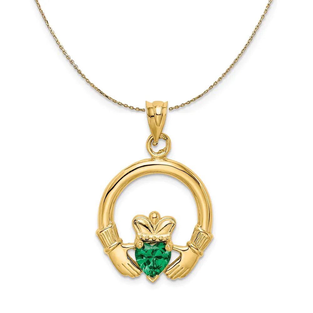 14k Yellow Gold & Green CZ Claddagh Necklace