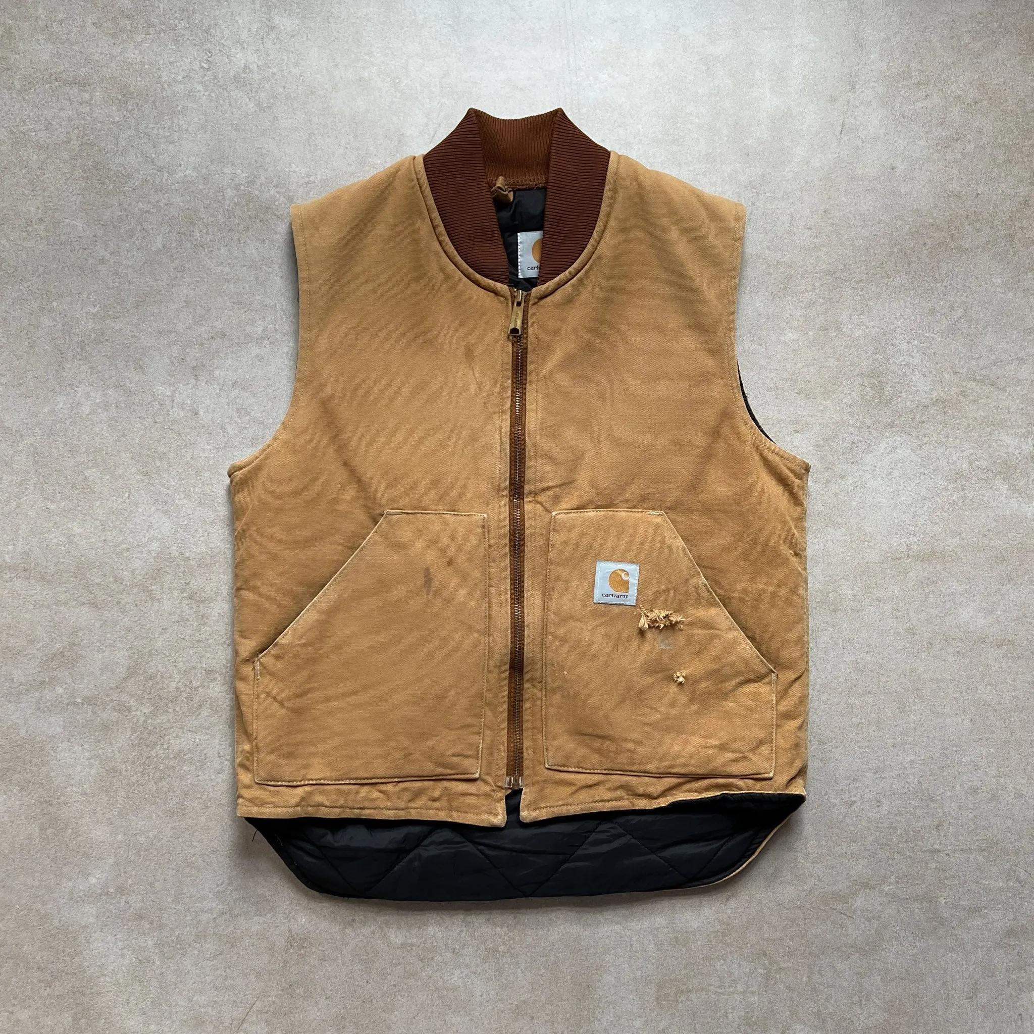1990s Carhartt Quilted Lined Tan Vest - S