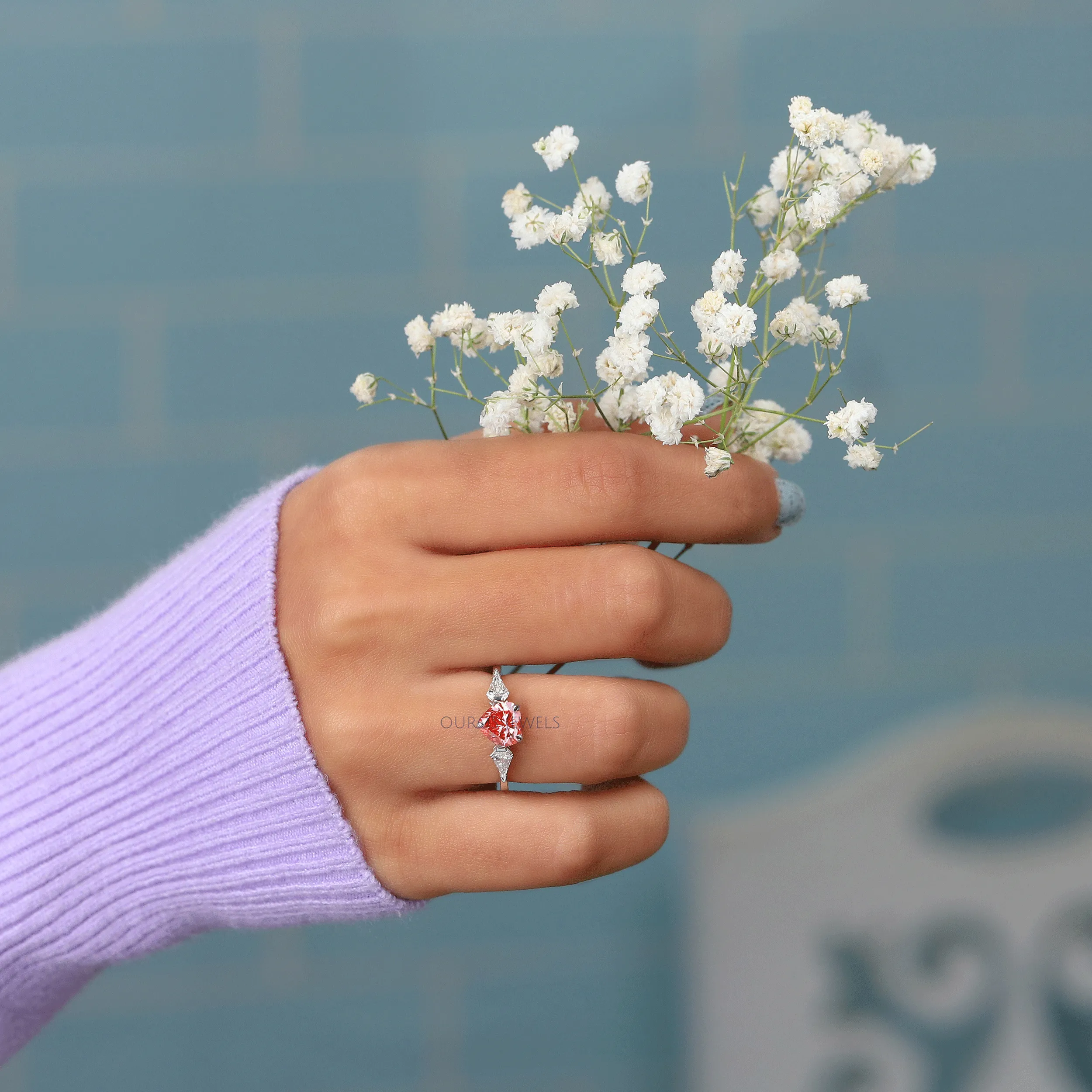 3 Stone Pink Heart Cut Diamond Engagement Ring