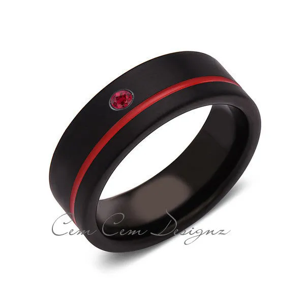 8mm,Mens,Red Ruby,Black,Brushed,Red,Band,Tungsten Ring,Wedding Band,Birthstone,Red Ring,Comfort Fit
