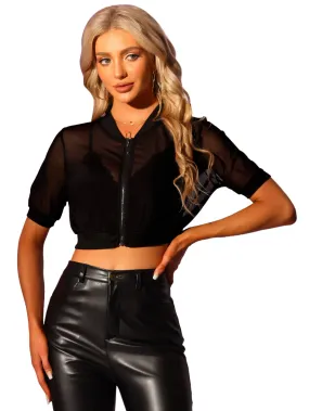Allegra K- Cropped See Through Zip Up Sheer Mesh Jacket