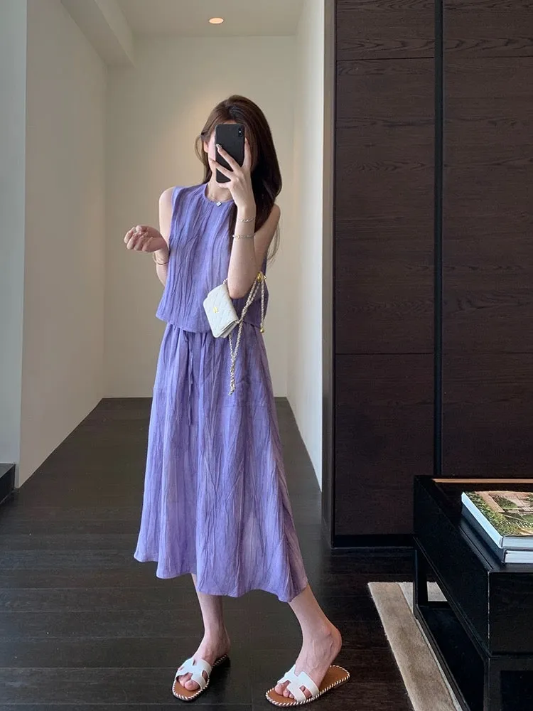 AMR UU◆Heavy Tencel Linen Breathable High-End Tie-Dye Slim Suit Vest Skirt Women's Summer New Style