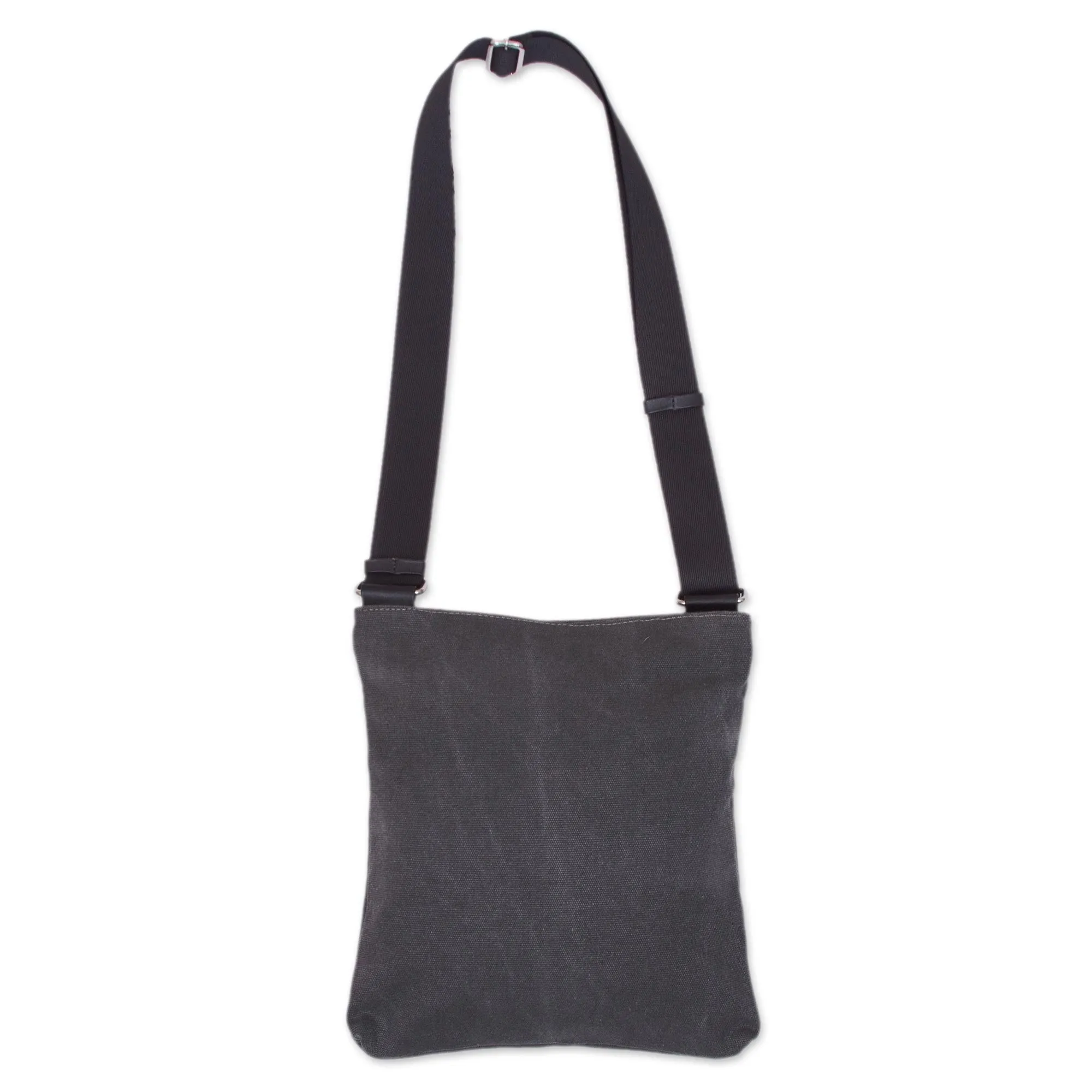 Ancient Traveler Leather Accent Cotton Shoulder Bag in Slate from Peru