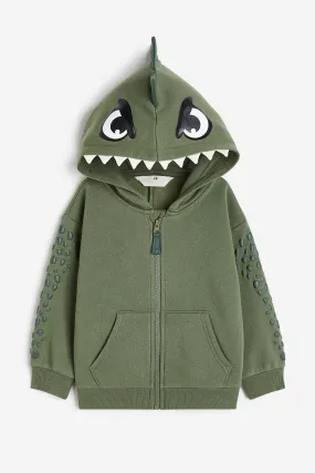 Appliquéd zip-through hoodie - Long sleeve - Regular length - Dark khaki green/Dinosaur - Kids | H&M GB