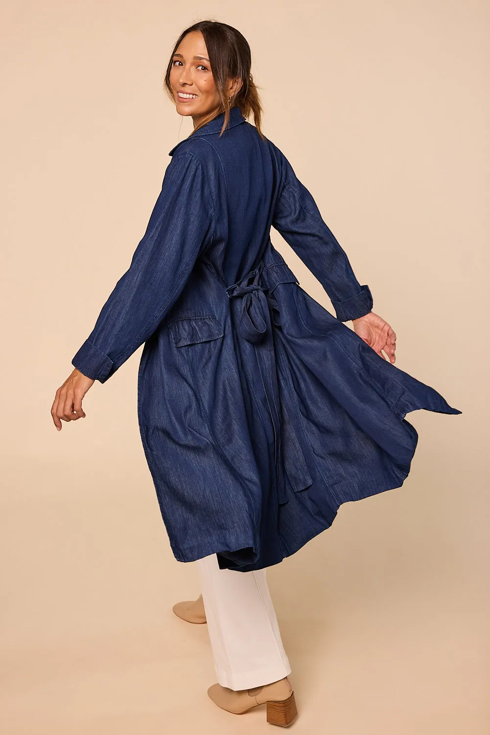 Avalee Long Line Tencel Trench Coat in Dark Wash