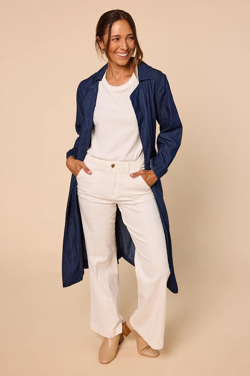 Avalee Long Line Tencel Trench Coat in Dark Wash