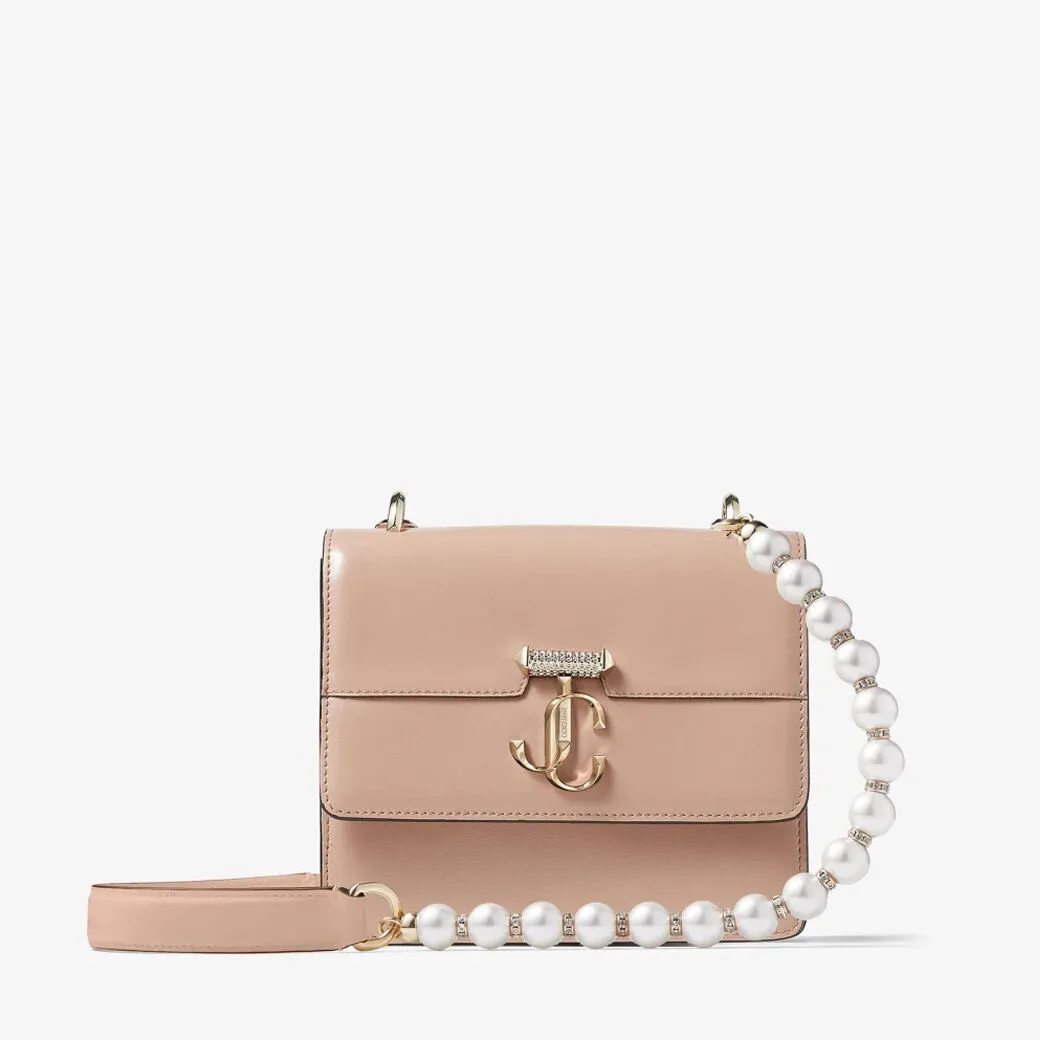 Avenue Quad XS Ballet Pink Box Leather Shoulder Bag with Pearl Strap