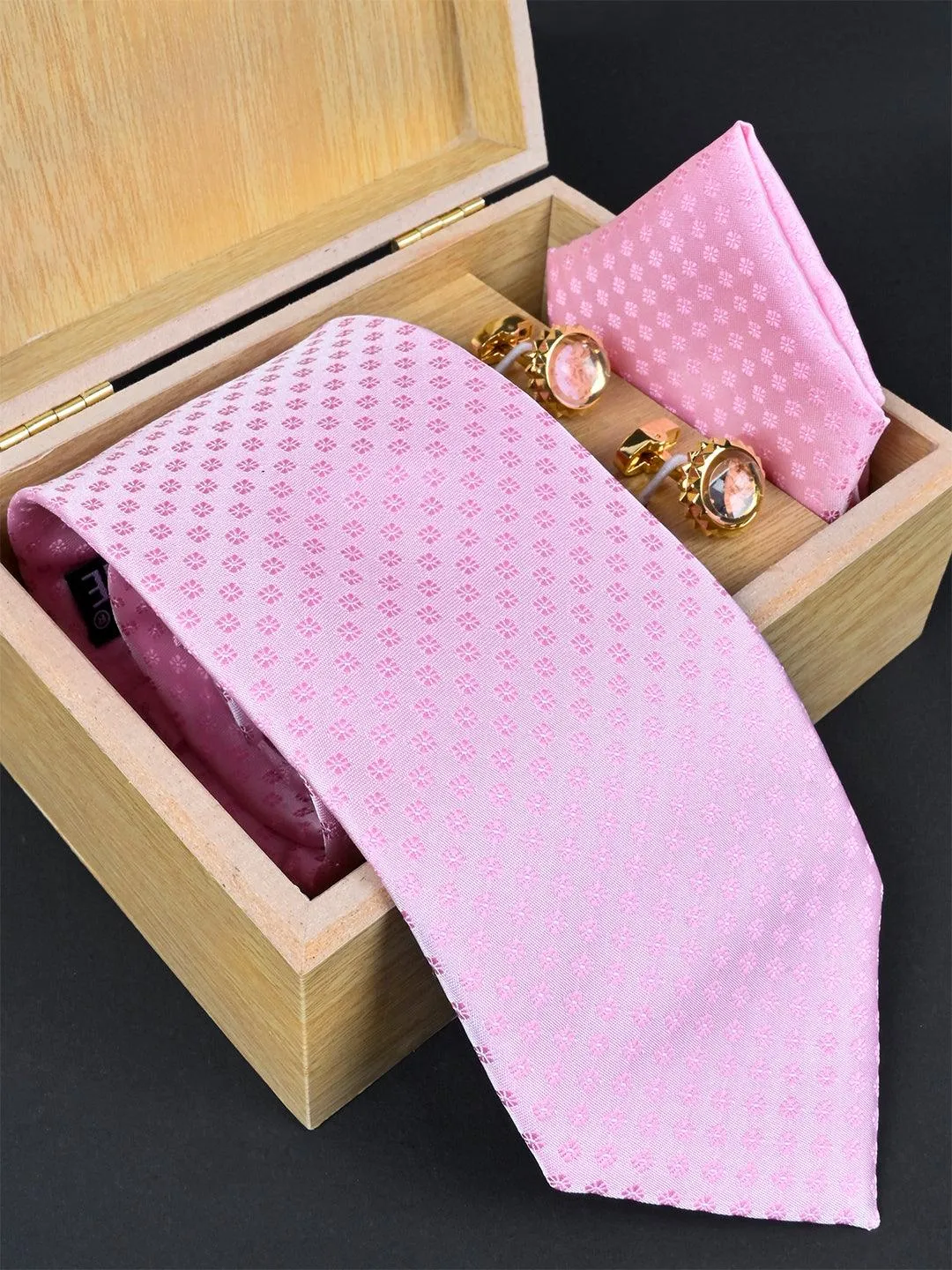 Baby Pink Floral Micro Silk Necktie With Pocket Square & Cufflinks