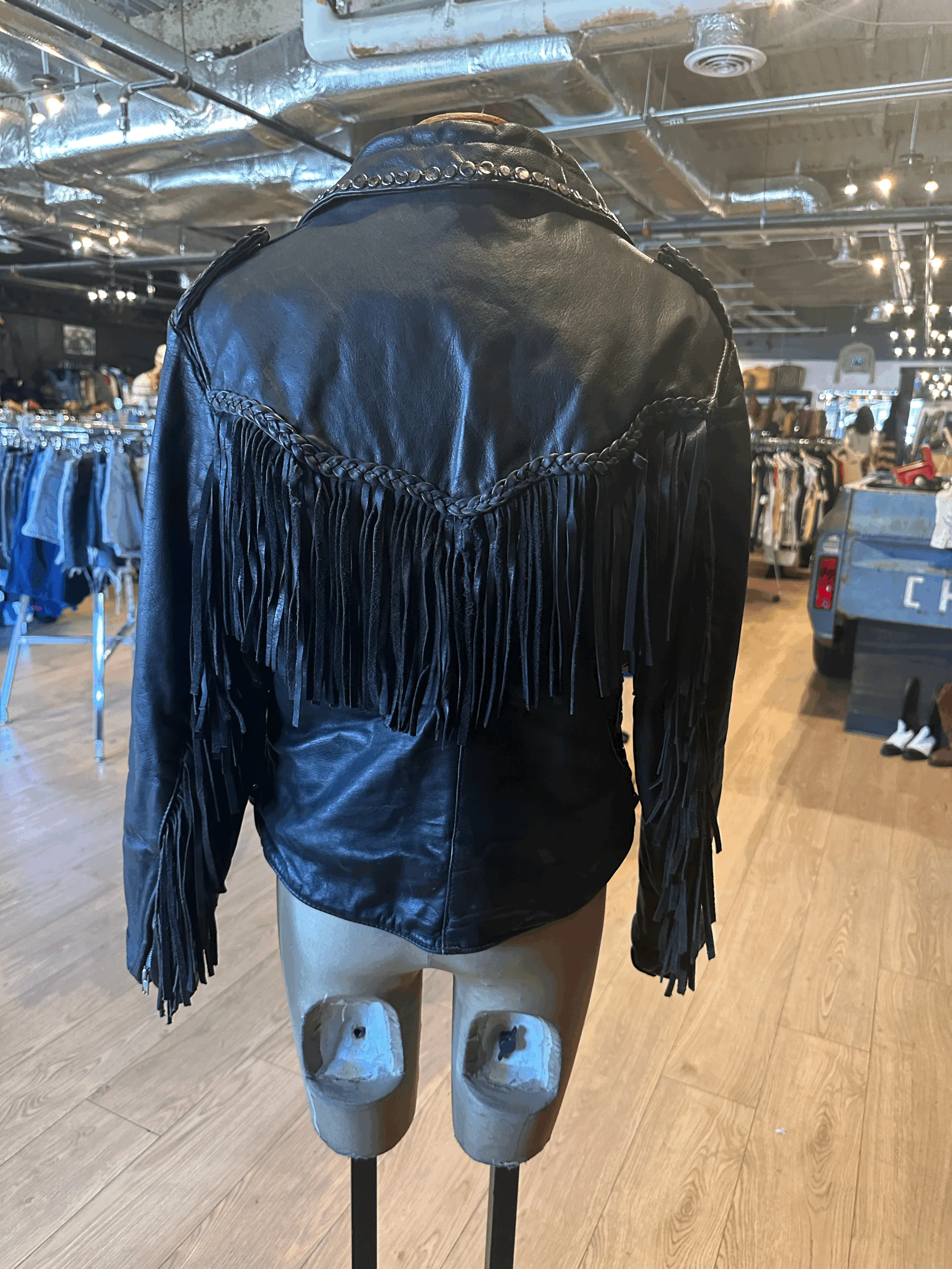 Badass Vintage Black Leather Studded Fringe Biker Jacket —          Star Struck Vintage