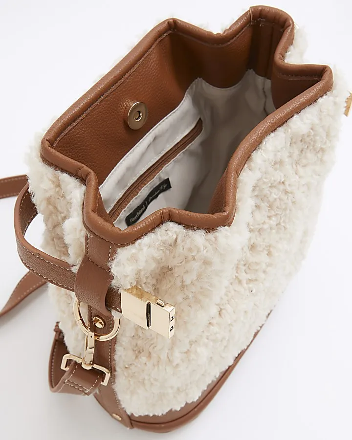 Beige borg bucket cross body bag