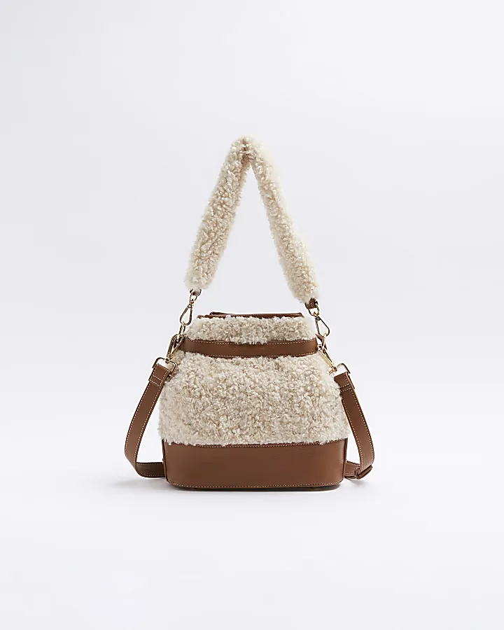 Beige borg bucket cross body bag