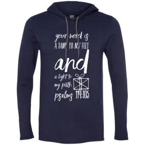 Bible Verse Men Long Sleeve T-Shirt Hoodie - Your Word Is Light To My Path ~Psalm 119:105~ Design 18 (White Font)