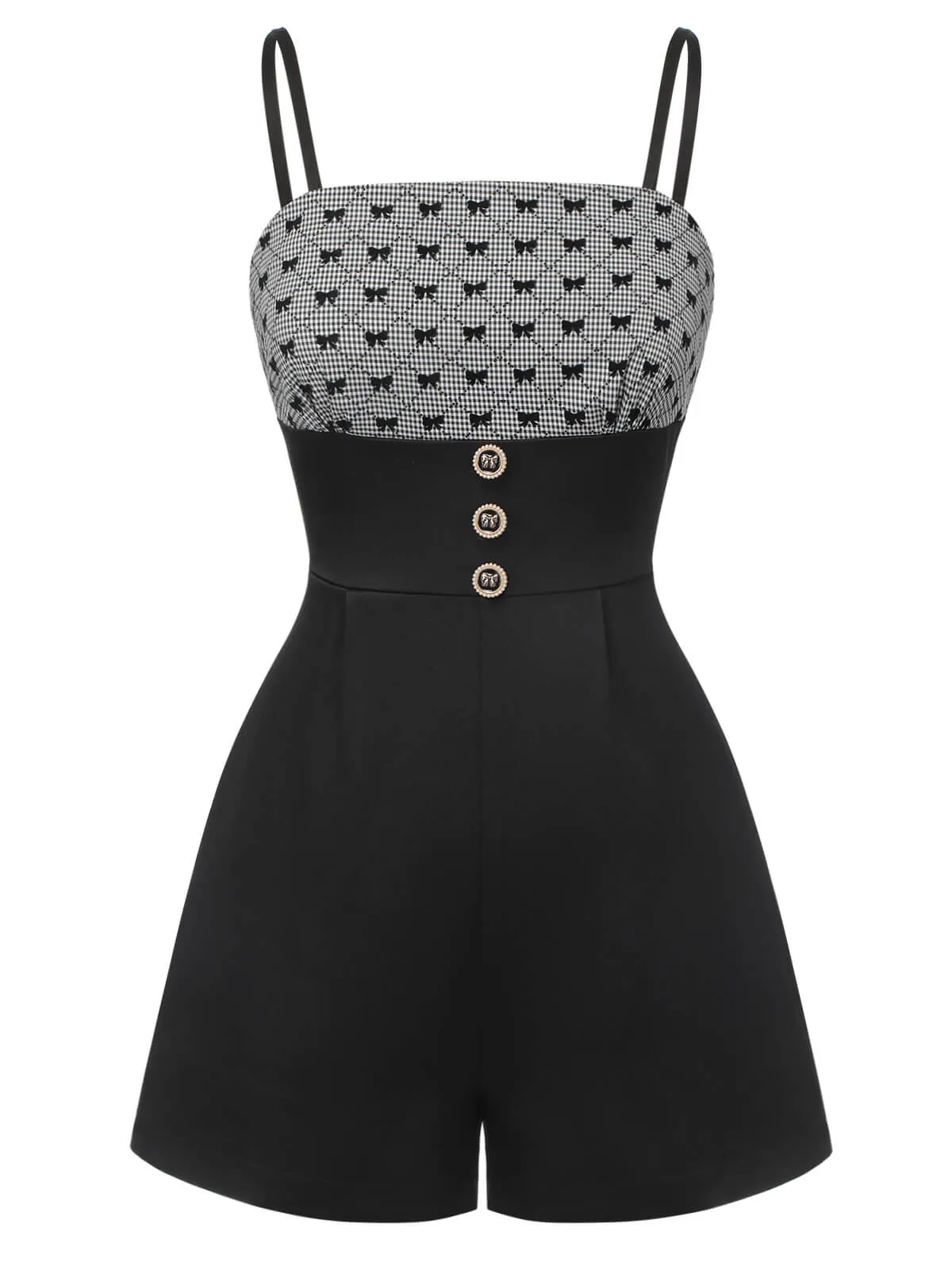 Black 1950s Bow Button Patchwork Strap Romper