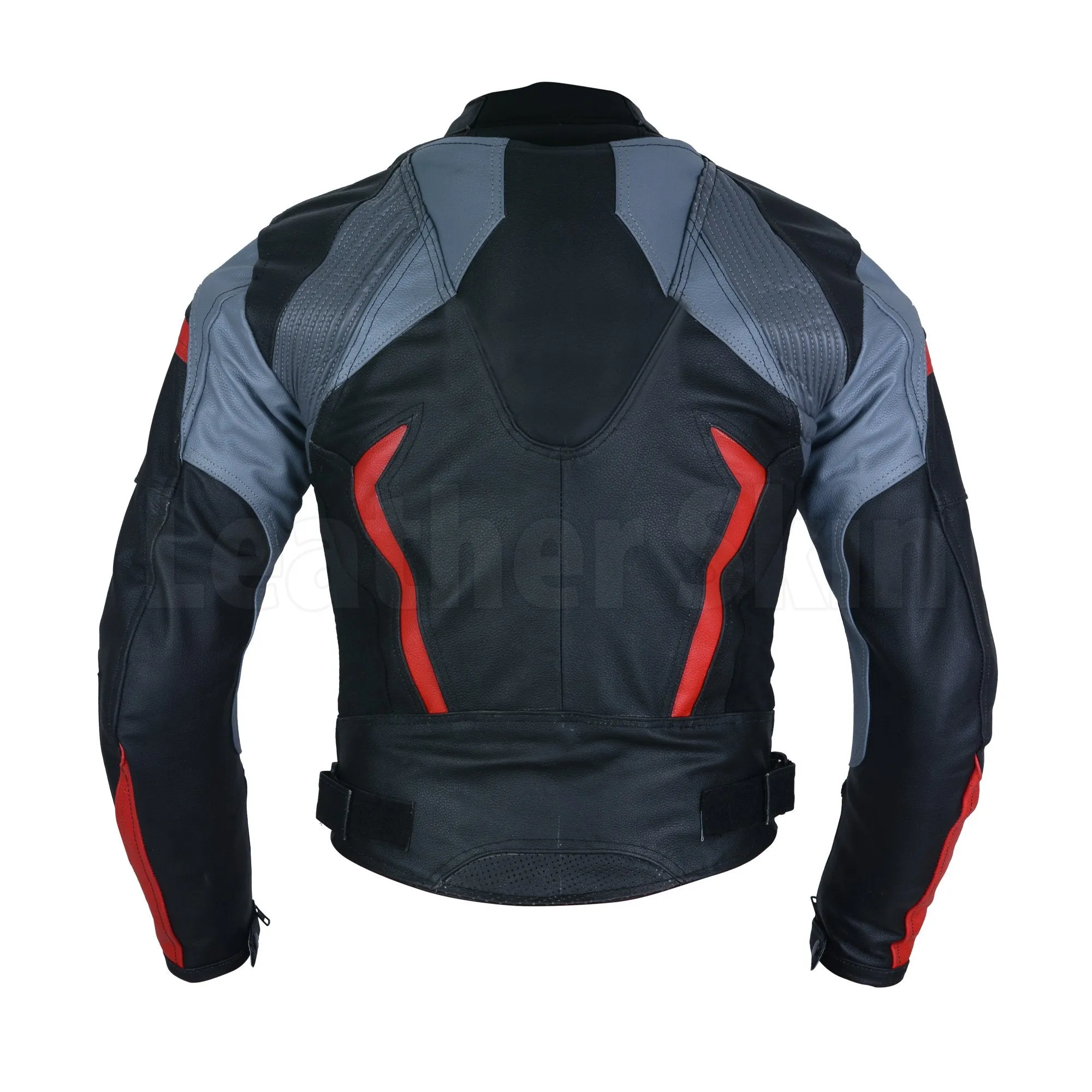 Black Biker Leather Jacket with Red & Grey Stripes for Men - Leather Skin Shop