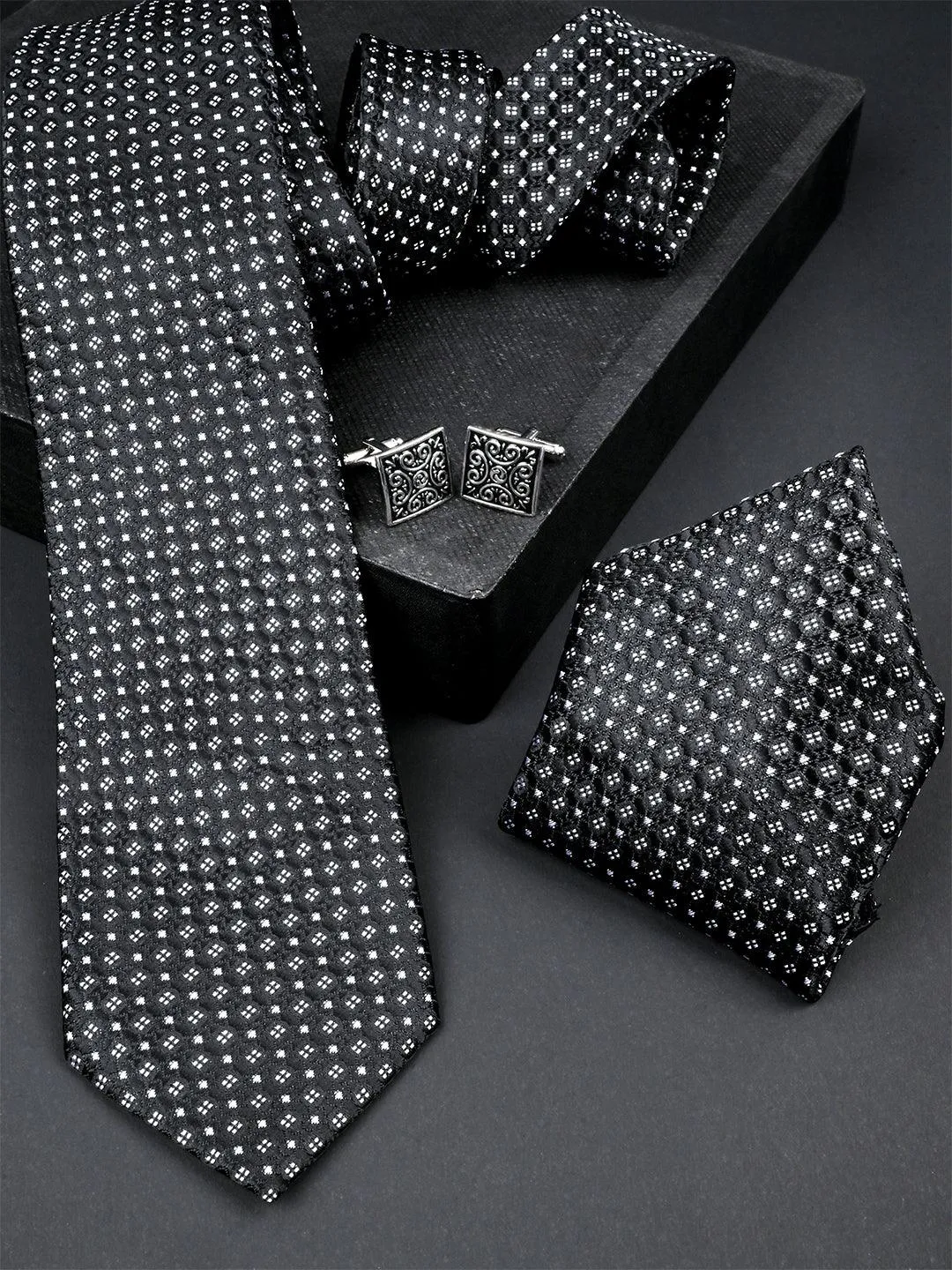 Black Floral Micro Silk Necktie With Pocket Square & Cufflinks