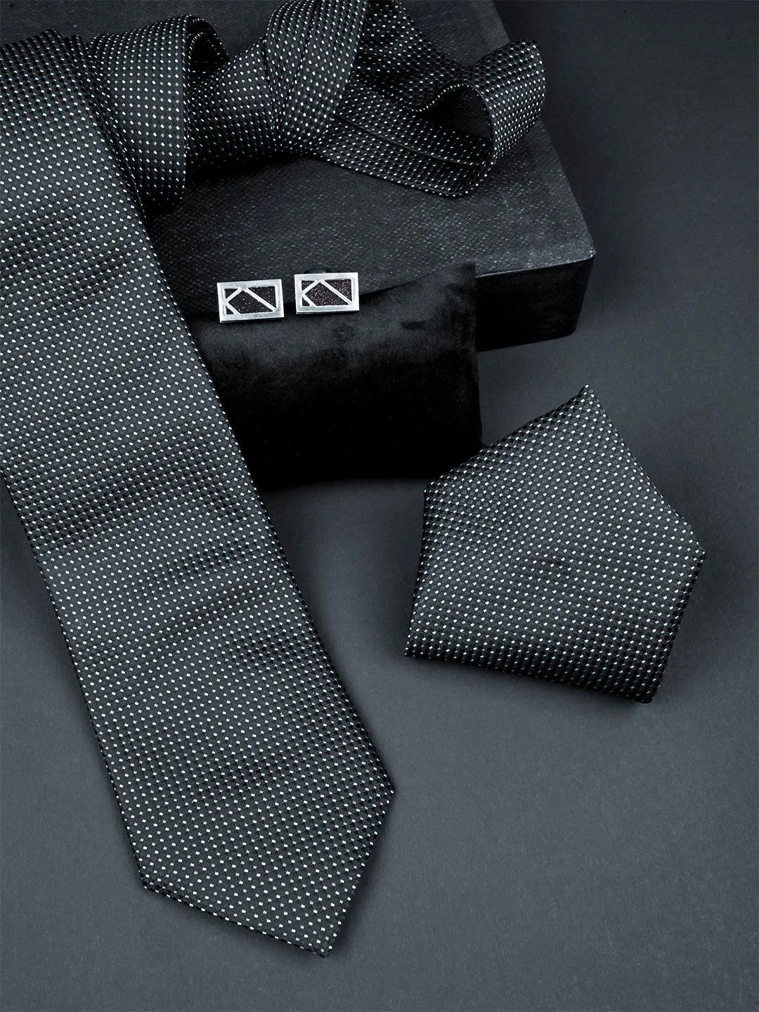 Black Polka Dots Micro Silk Necktie With Pocket Square & Cufflinks