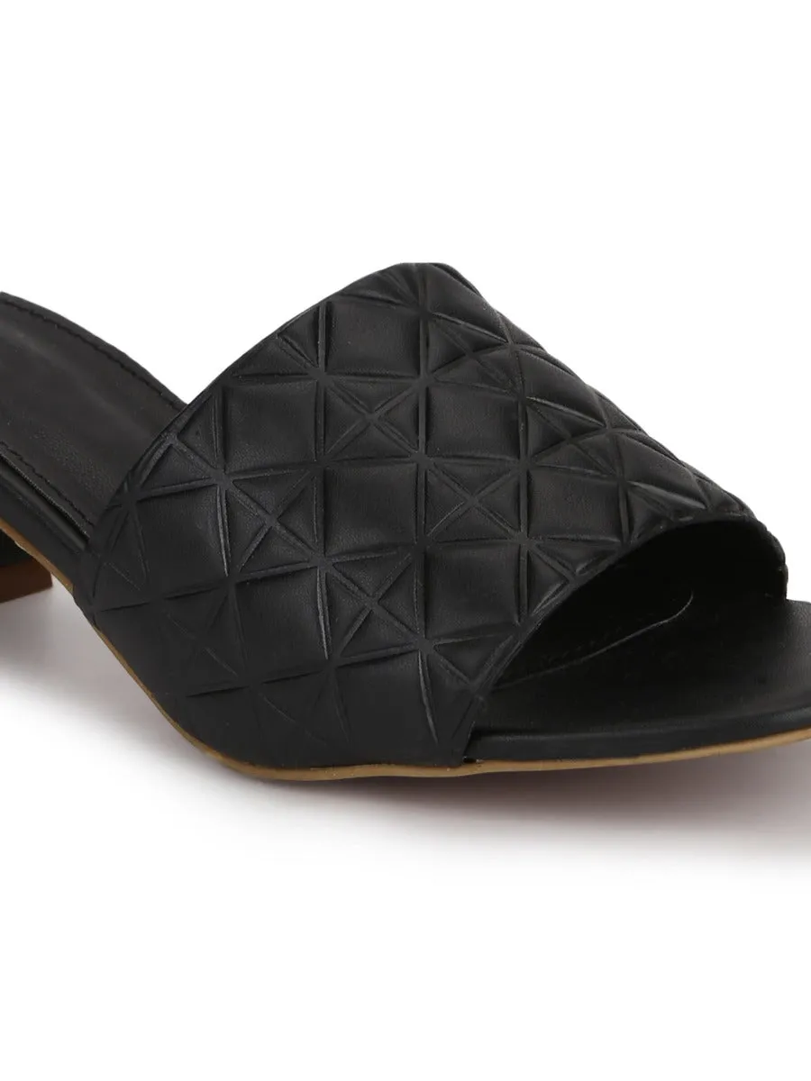 Black PU Textured Block Heel Mules