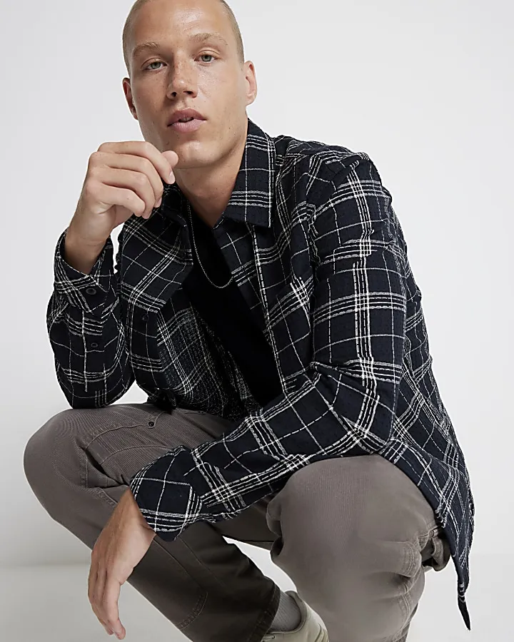 Black regular fit waffle texture check shirt