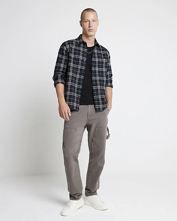 Black regular fit waffle texture check shirt