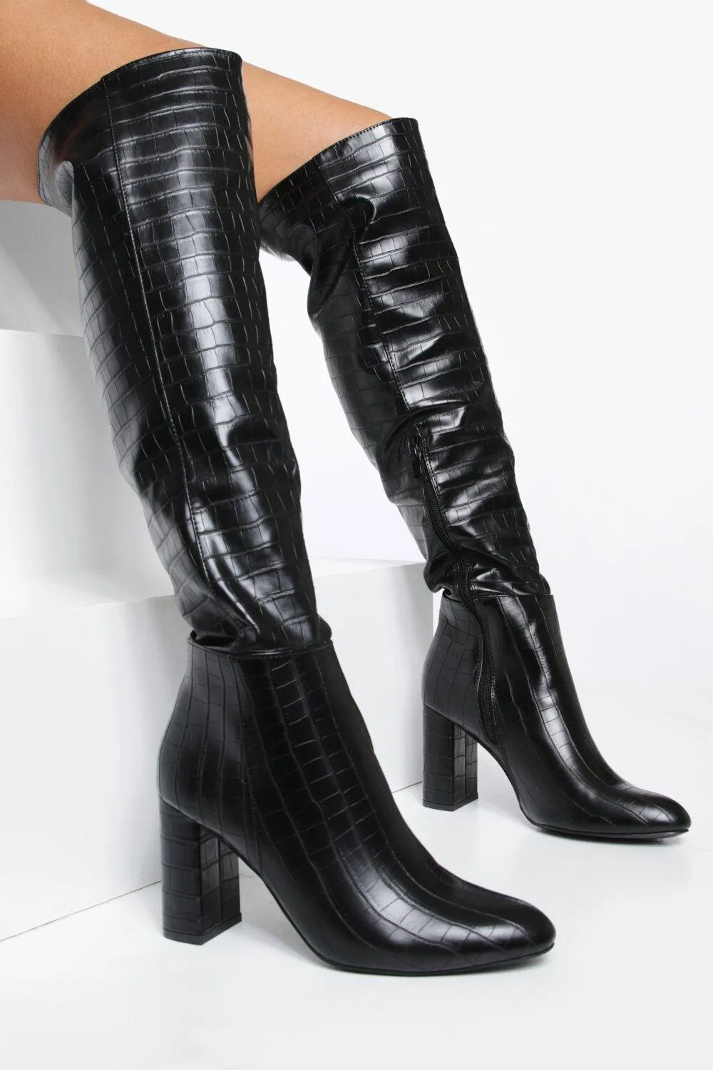 Block Heel Croc Knee High Boots
