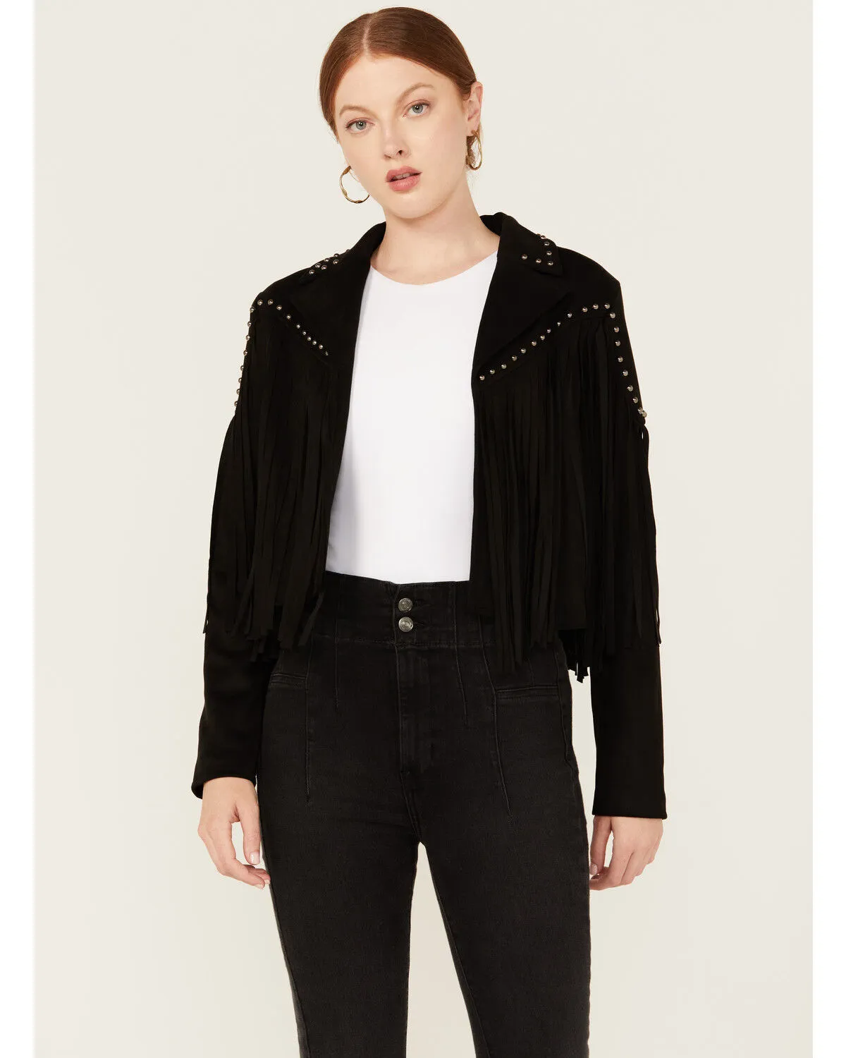 Blue B Women's Studded Faux Suede Fringe Jacket