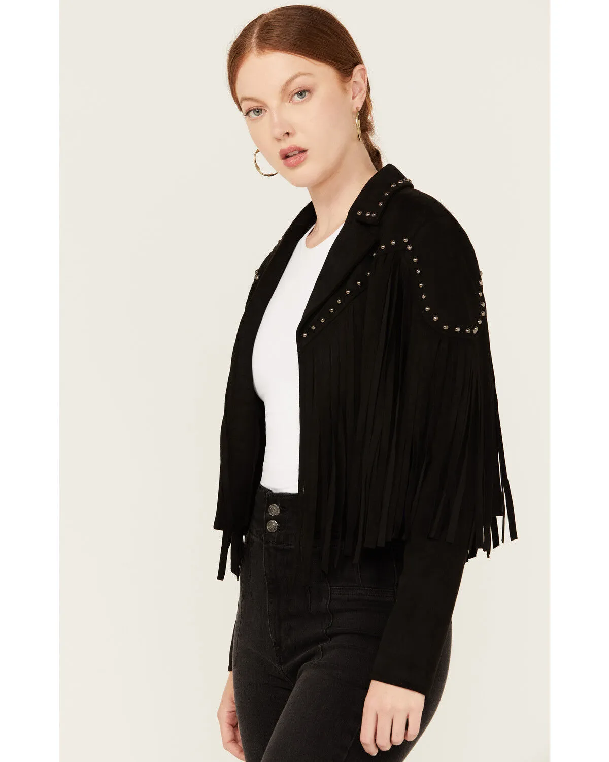 Blue B Women's Studded Faux Suede Fringe Jacket