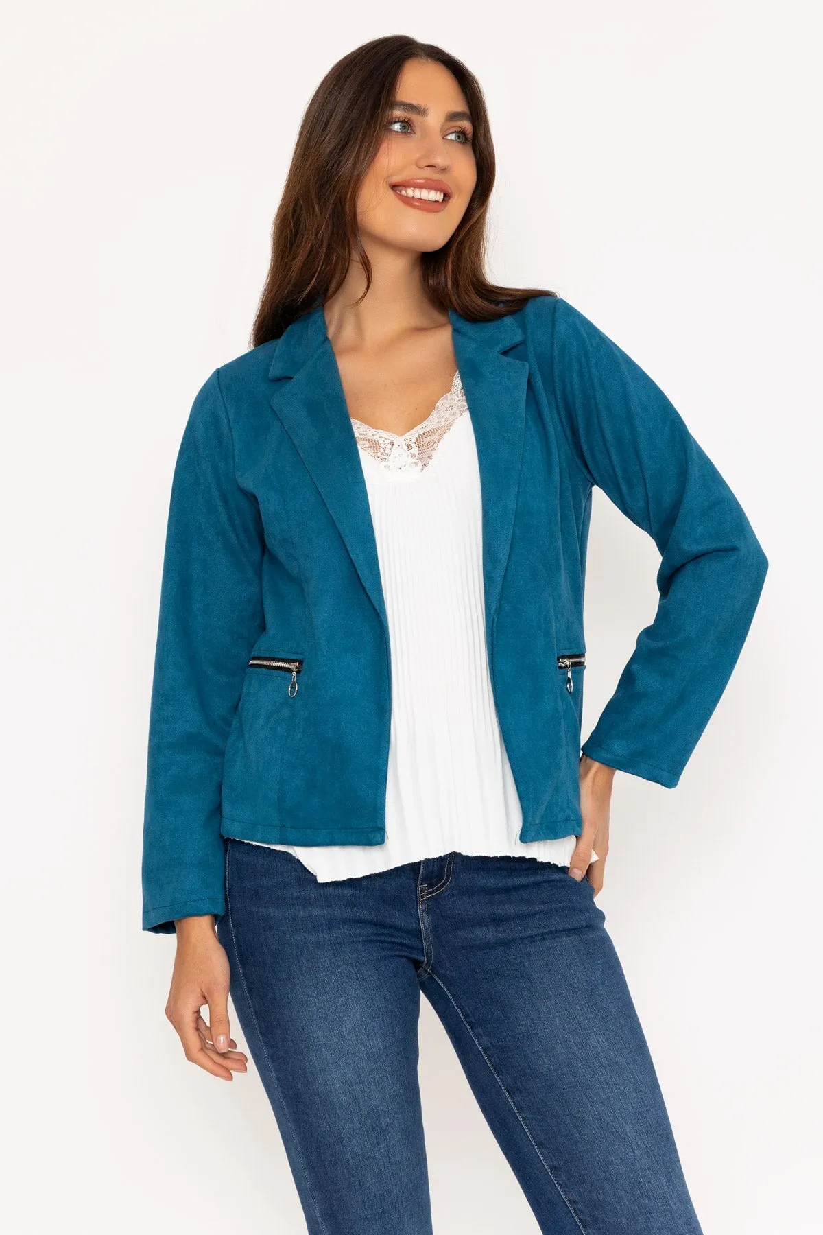Blue Hip Length Suede Jacket