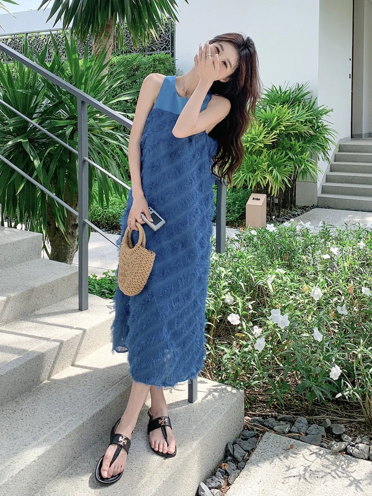 Blue tassel vest dress summer women's 2024 new style playful and cute age-reducing loose mid-length A-line skirt