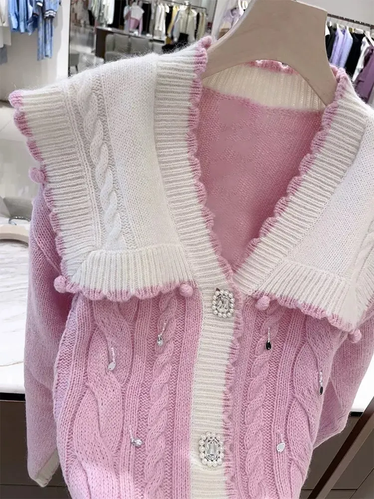 Buyer store high-end beaded button pink lapel knitted sweater for women 2023 early autumn new loose age-reducing top T9795