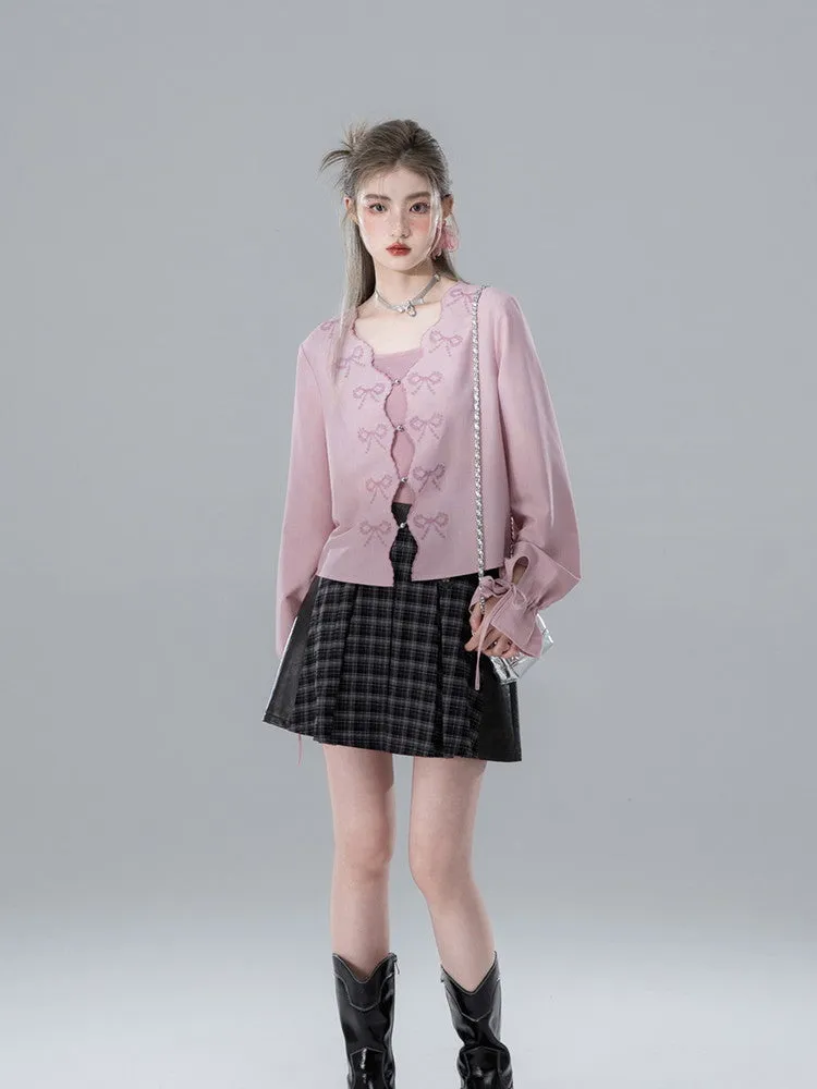 Cardigan&Long-Skirt Ribbon V-Neck Retro Set-Up