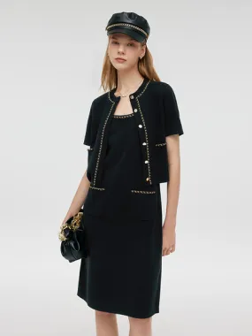 Chain Trim Knitted Jacket And Vest Dress Two-Piece Set 