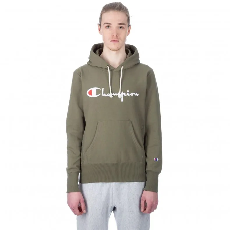 Champion Reverse Weave Script Applique Pullover Hooded Sweatshirt (Olive)