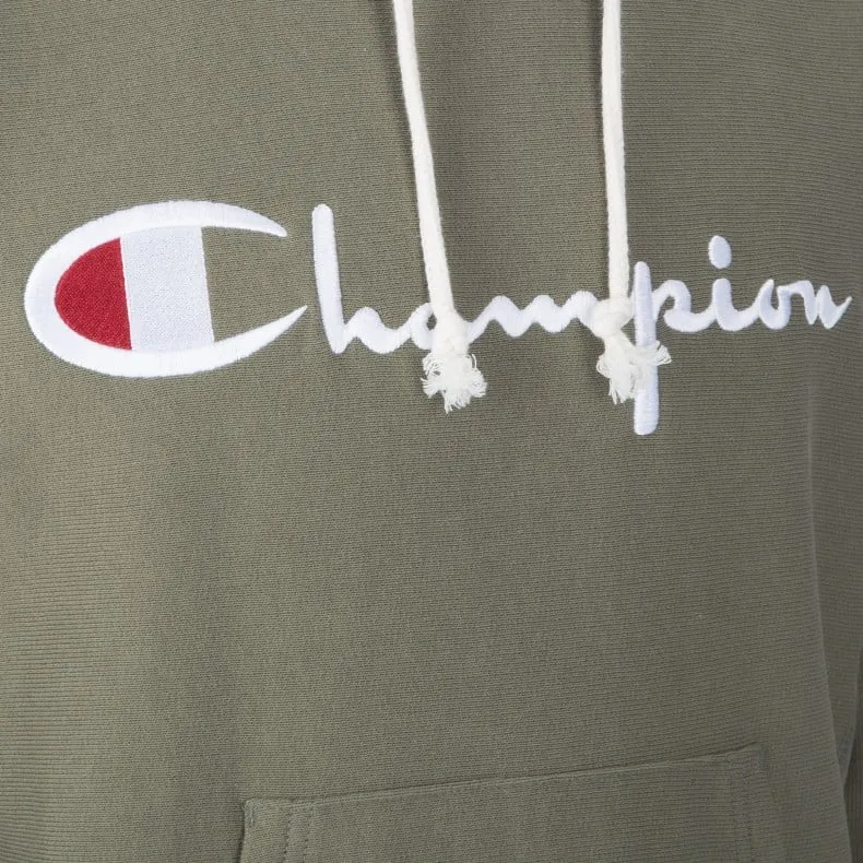 Champion Reverse Weave Script Applique Pullover Hooded Sweatshirt (Olive)