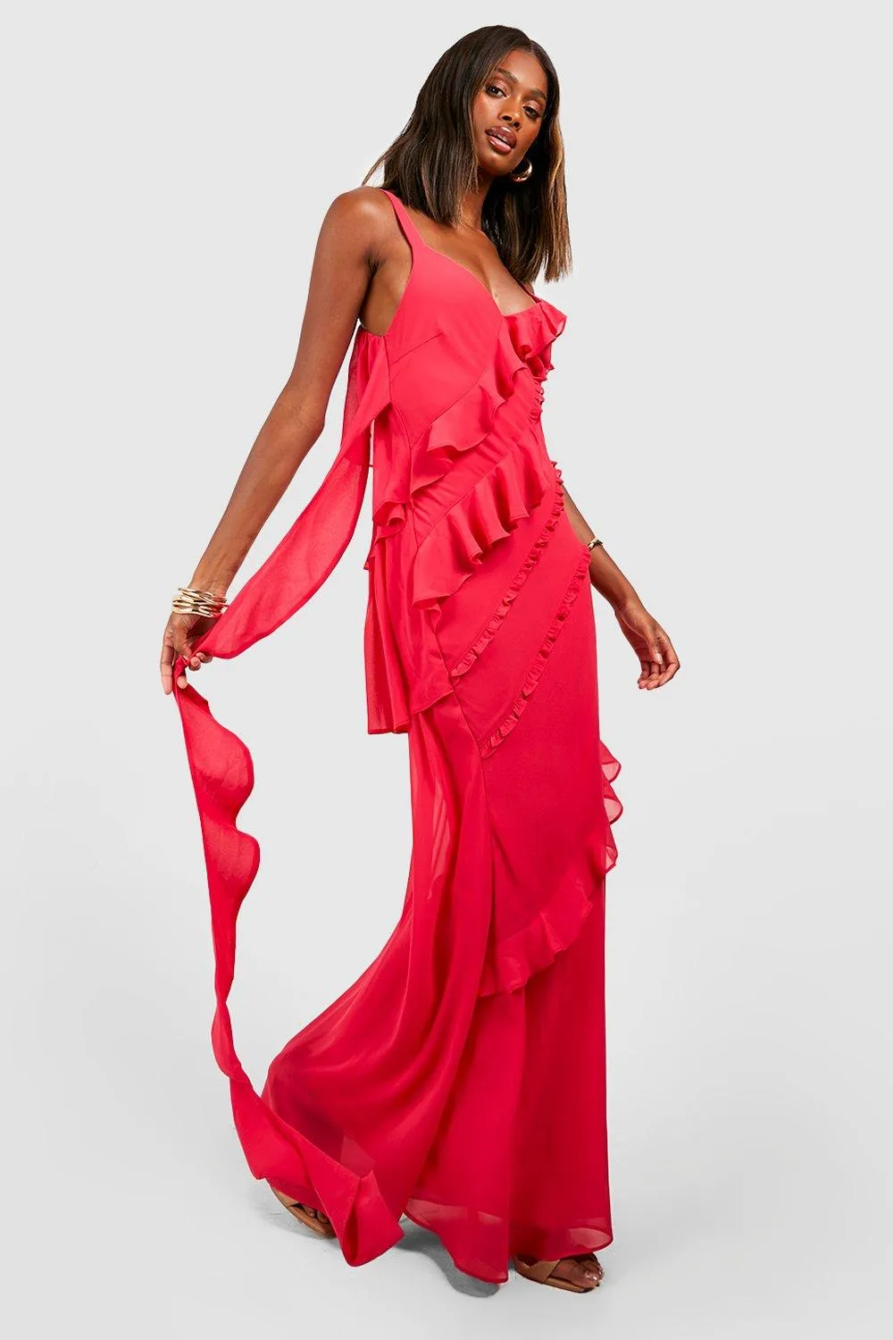 Chiffon Ruffle Trim Maxi Dress
