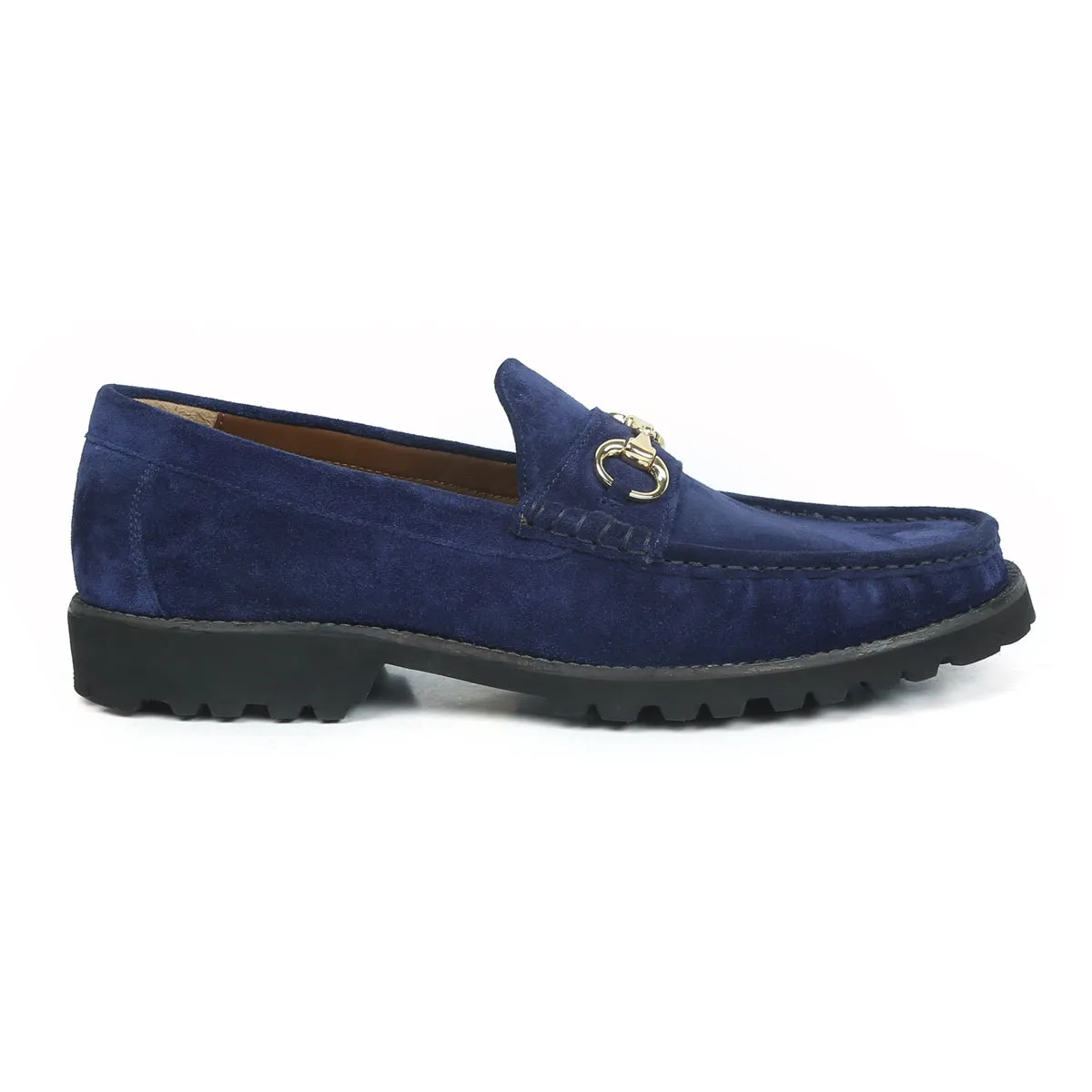 Chunky Sole Blue Loafers in Suede Leather With Horse-bit Buckle