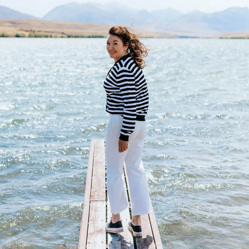 Claire Women's Button Up Cardigan || Black/Ecru Stripe