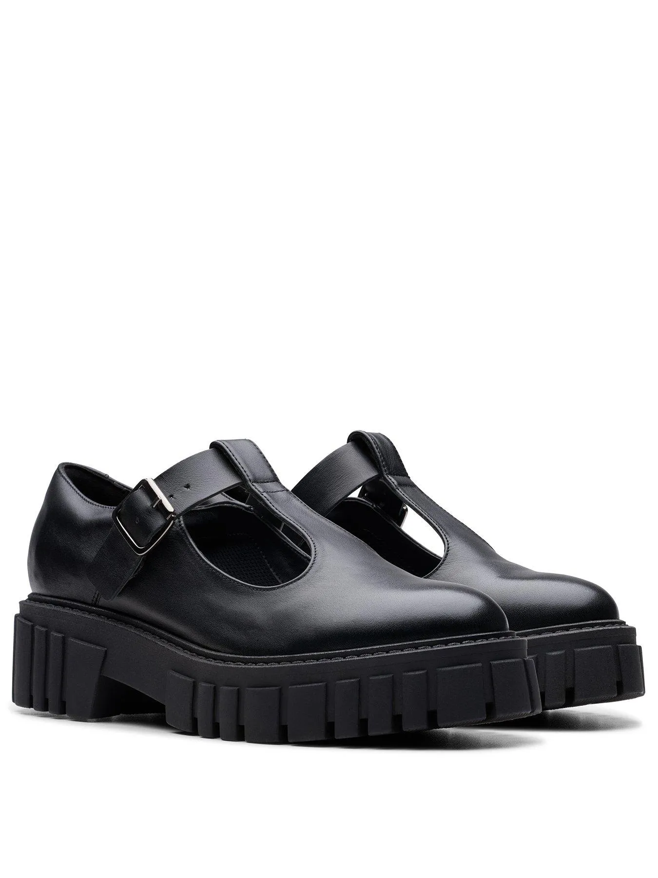 Clarks Page Bar Flat Shoe - Black Leather