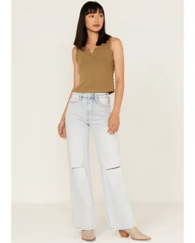 Cleo + Wolf Women's Light Wash High Rise Distressed Knee Flare Jeans