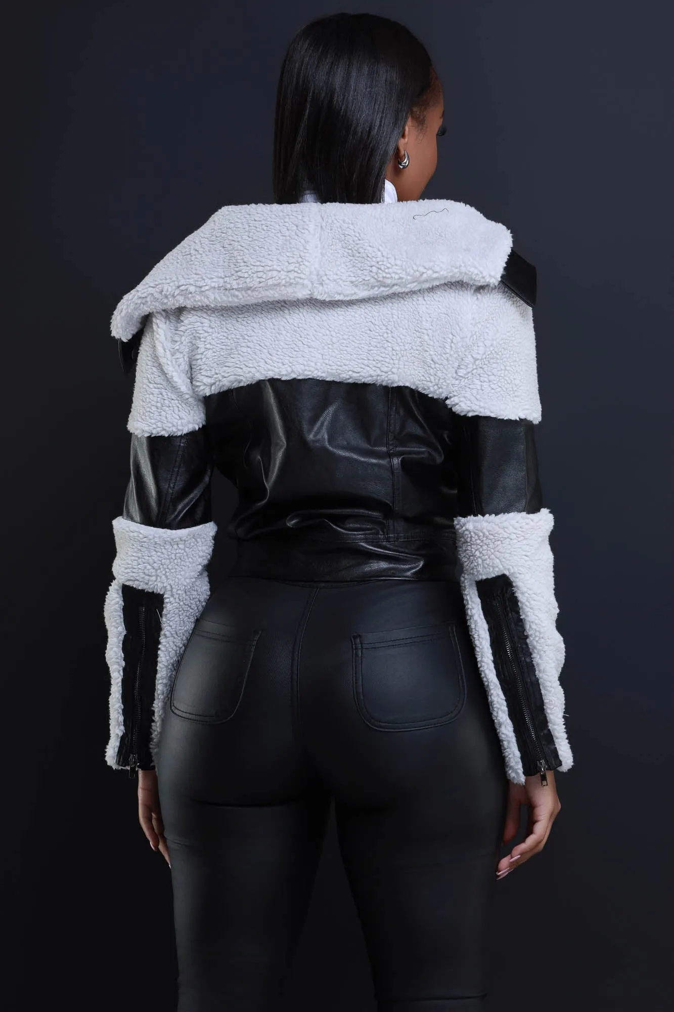 Clock Is Ticking Faux Leather Hooded Jacket - Black