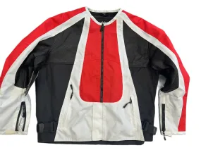 Collarless Black Red and White Textile and Black Porforated Leather Jacket Size XL