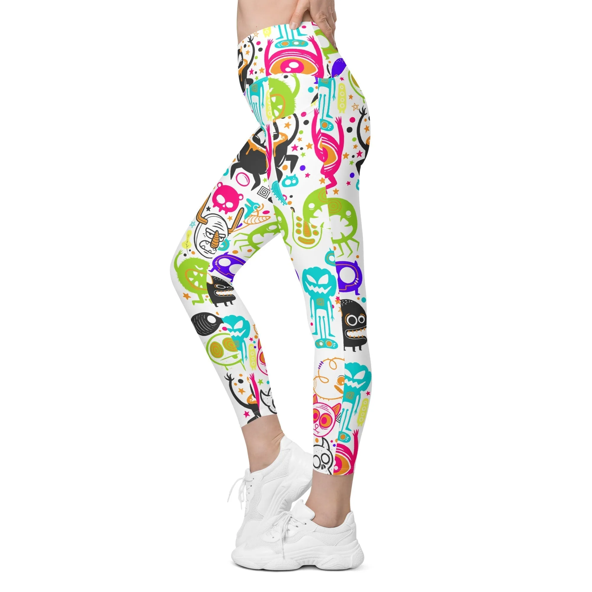 Colorful Doodles Crossover Leggings With Pockets