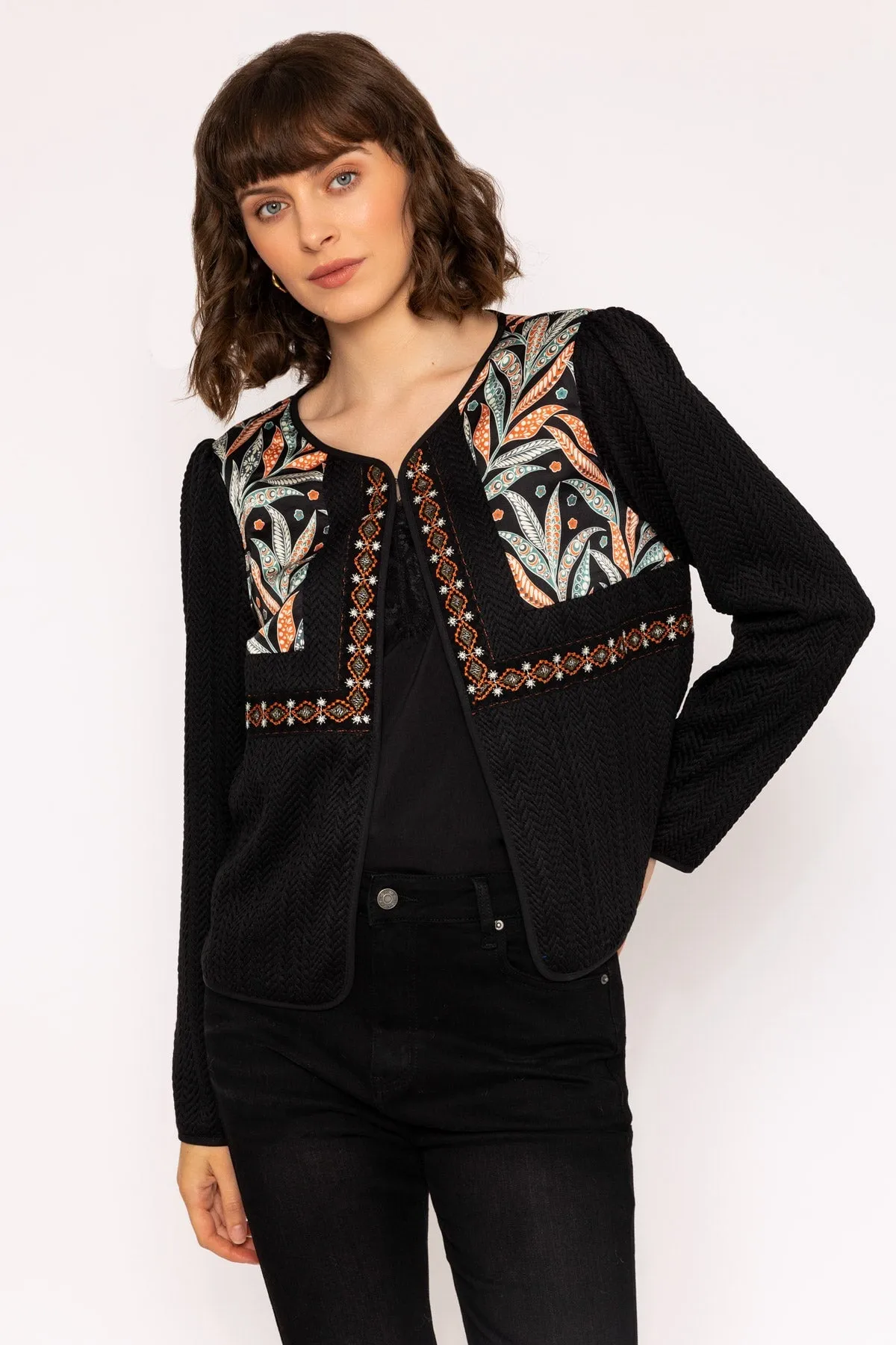 Colourful Print Detail Boho Short Jacket in Black