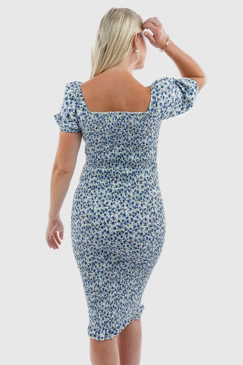 Confetti Shirred Maternity Dress in Blue