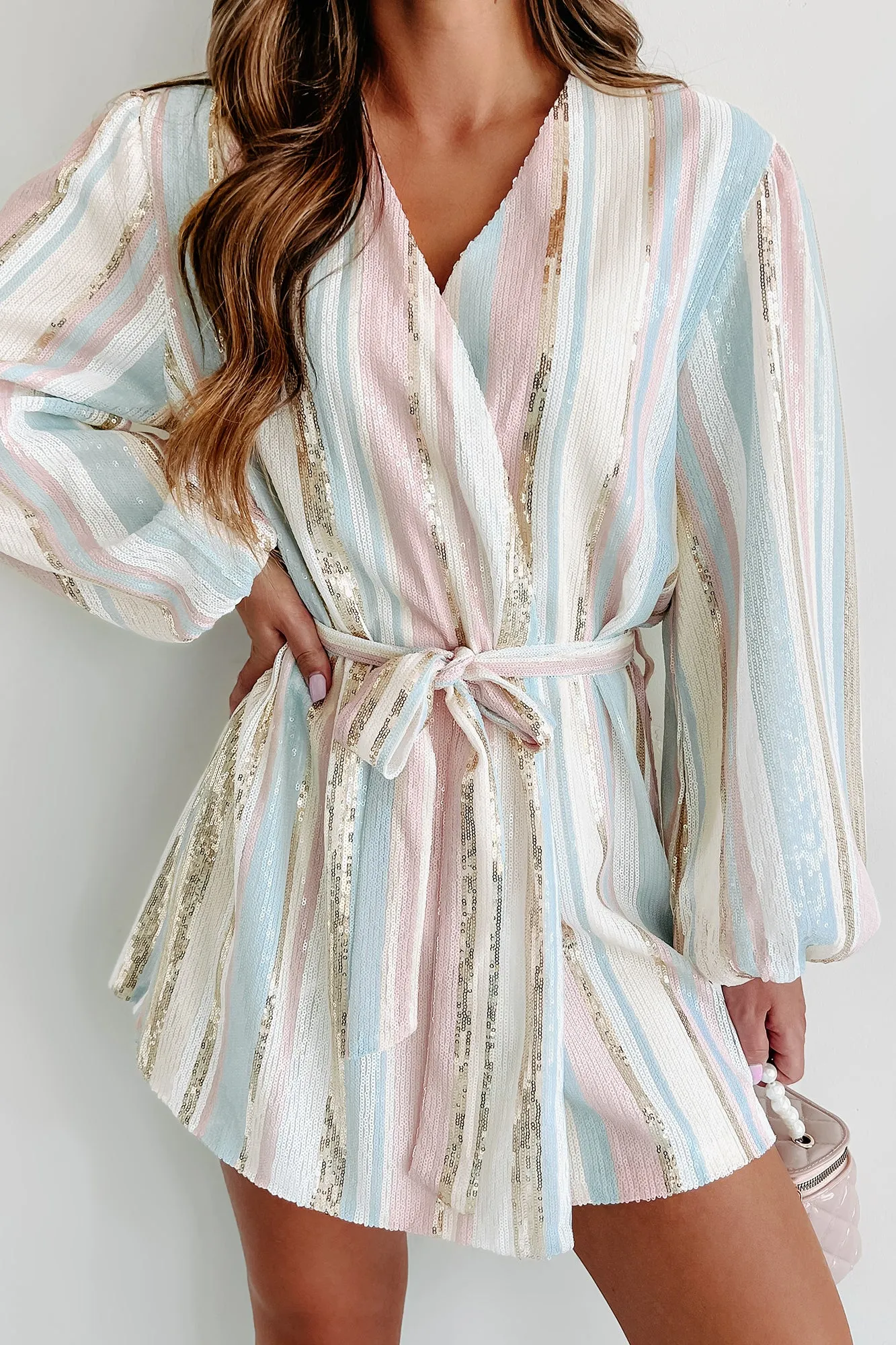 Confidently Extra Striped Sequin Wrap Dress (Multi)