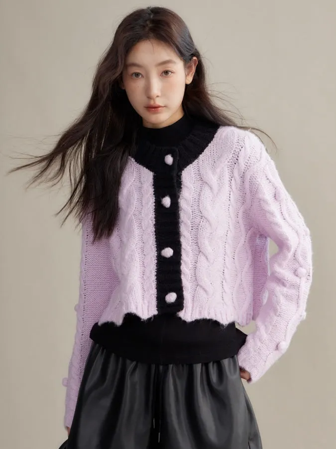 Contrasting Color Twist Texture Knitted Cardigan