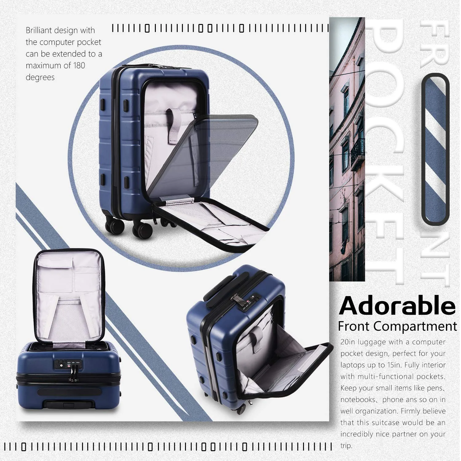 COOLIFE Luggage Suitcase Carry On 100% PC Spinner Trolley with Laptop pocket Compartmnet Luggage Set (business blue, 20in(carry 