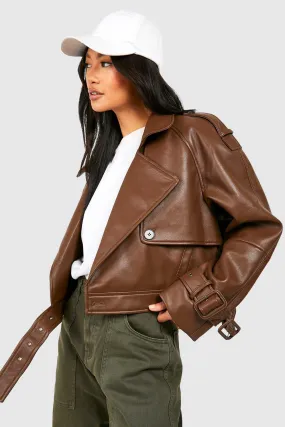 Cropped Faux Leather Biker Trench Coat