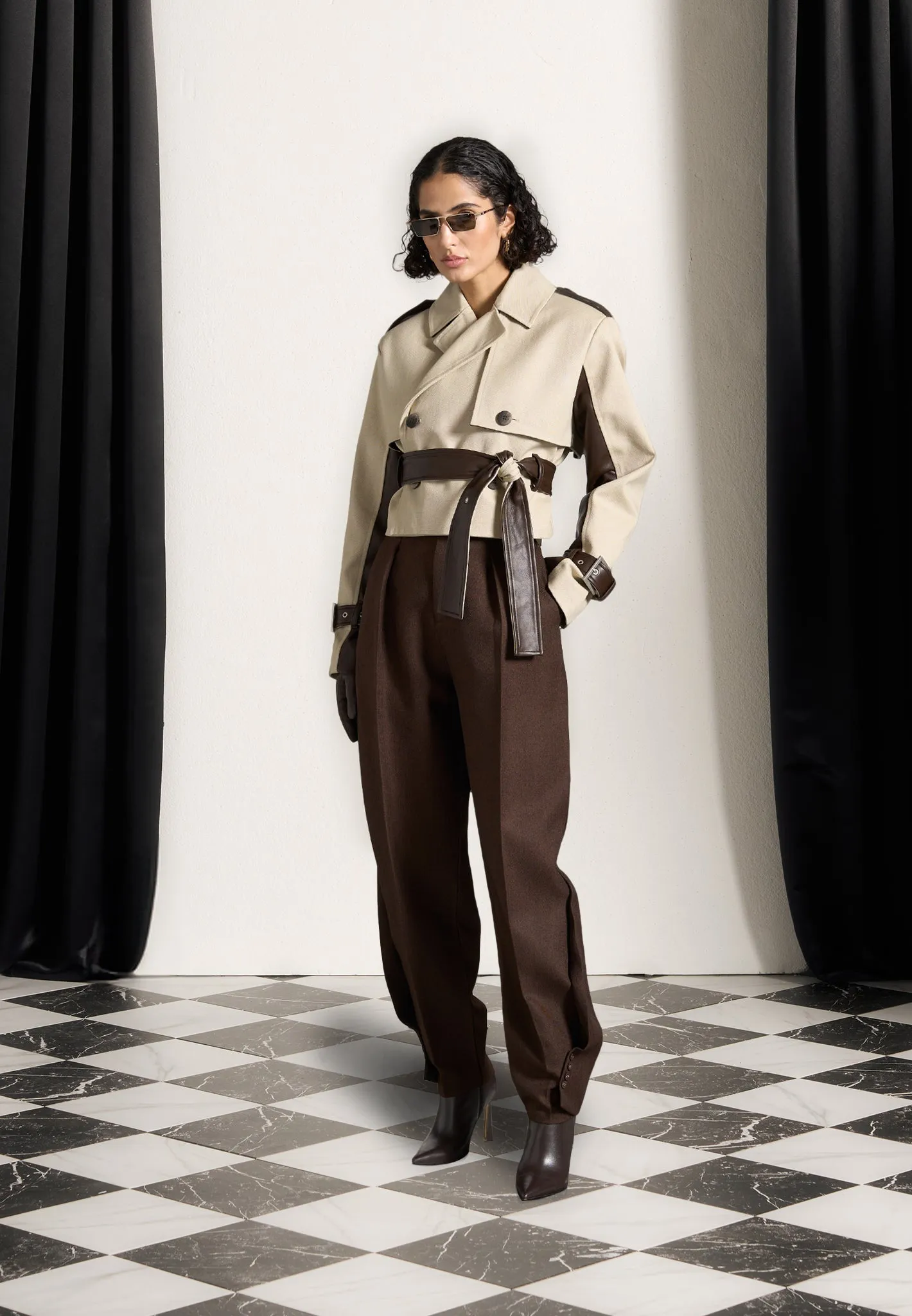 Cropped Trench Coat with Belt - Beige/Brown